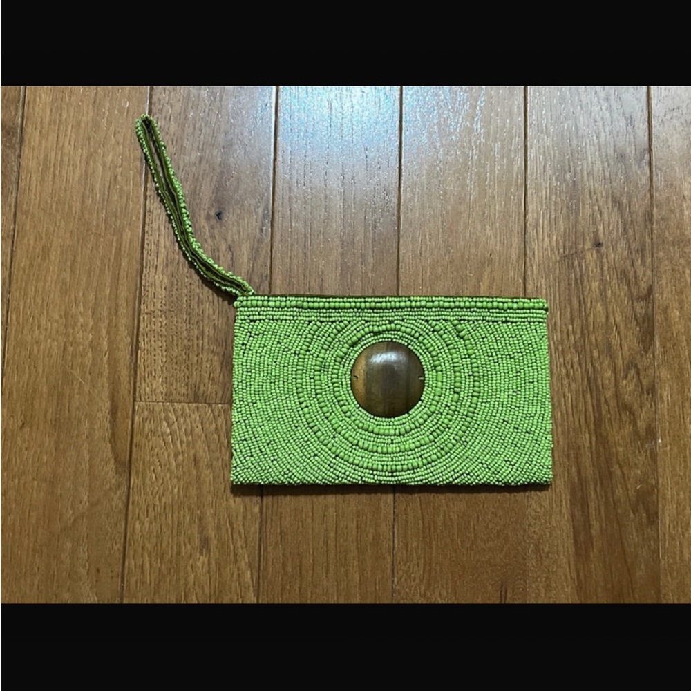Beaded Green Wristlet Clutch with Wooden Accent